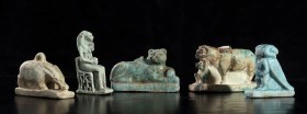 COLLECTION OF FIVE EGYPTIAN FAIENCE AMULETS
Ptolemaic Period, ca. 332 - 30 BC
height max cm 3,2; length max cm 4

In the shape of a gazelle, Sekhm...