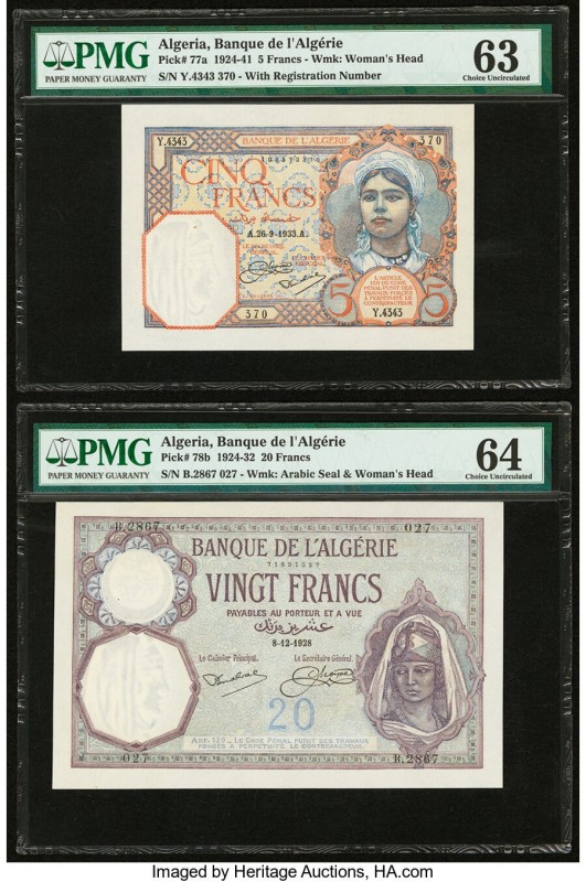 Algeria Banque de l'Algerie (2); Banque Centrale 5 Francs; 20 Francs; 100 Dinars...