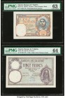 Algeria Banque de l'Algerie (2); Banque Centrale 5 Francs; 20 Francs; 100 Dinars 26.9.1933; 8.12.1928; 1.1.1964 Pick 77a; 78b; 125a Three Examples PMG...