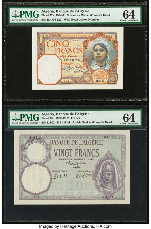 Algeria Banque de l'Algerie 5; 20 Francs 19.8.1940; 18.4.1941 Pick 77a; 78c Two ...