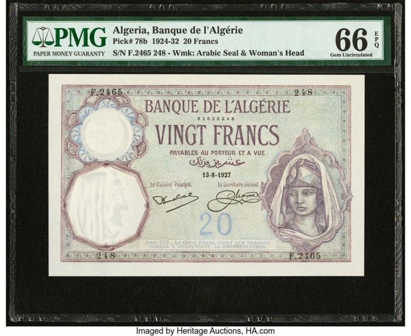 Algeria Banque de l'Algerie 20 Francs 13.8.1927 Pick 78b PMG Gem Uncirculated 66...