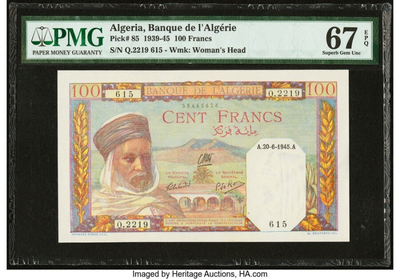 Algeria Banque de l'Algerie 100 Francs 20.6.1945 Pick 85 PMG Superb Gem Unc 67 E...