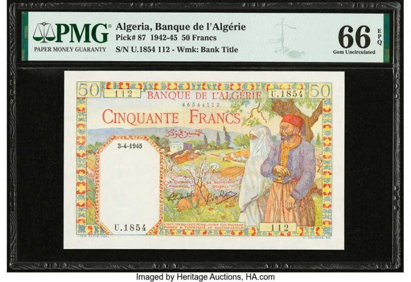 Algeria Banque de l'Algerie 50 Francs 3.4.1945 Pick 87 PMG Gem Uncirculated 66 E...