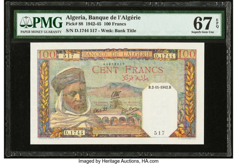 Algeria Banque de l'Algerie 100 Francs 2.11.1942 Pick 88 PMG Superb Gem Unc 67 E...