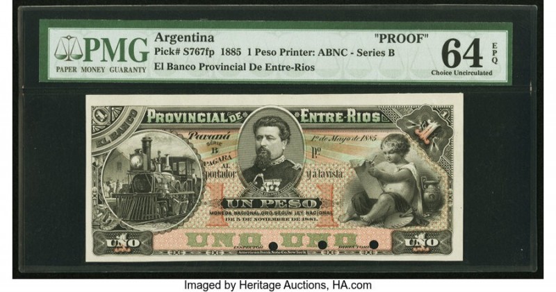 Argentina Banco Provincial de Entre Rios 1 Peso 1.5.1885 Pick S767fp Proof PMG C...