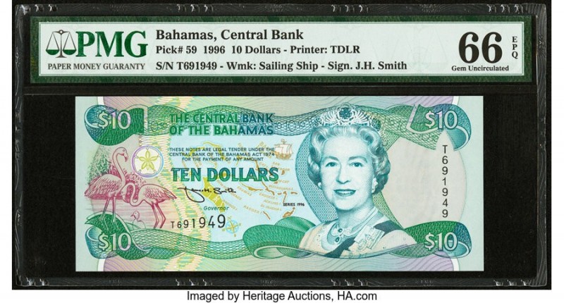 Bahamas Central Bank 10 Dollars 1996 Pick 59 PMG Gem Uncirculated 66 EPQ. 

HID0...