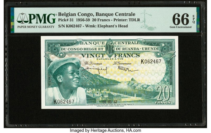 Belgian Congo Banque Centrale du Congo Belge 20 Francs 1.3.1957 Pick 31 PMG Gem ...