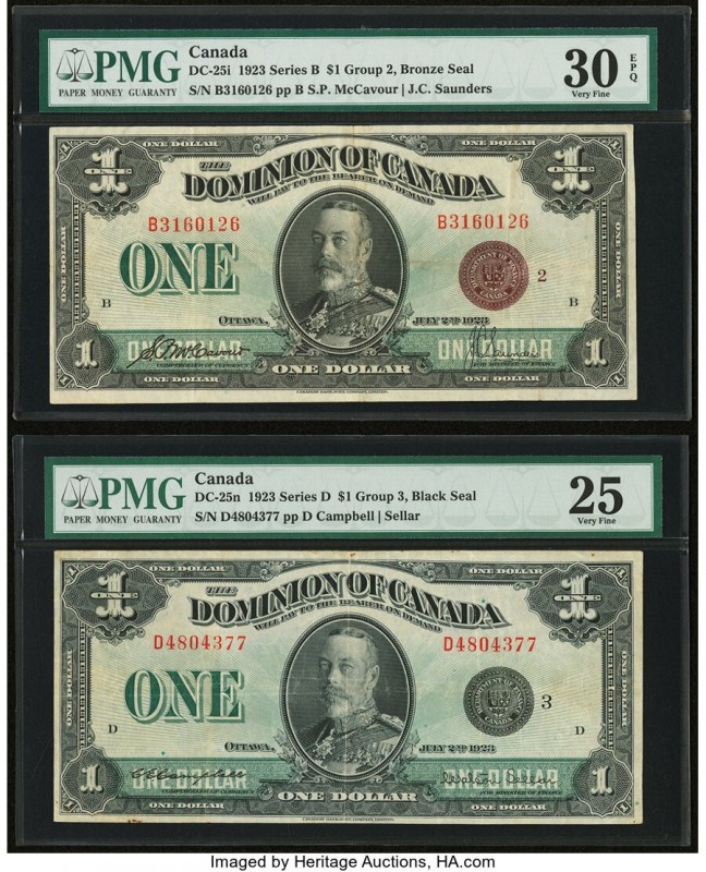 Canada Dominion of Canada $1 2.7.1923 DC-25i; DC-25n Two Examples PMG Very Fine ...