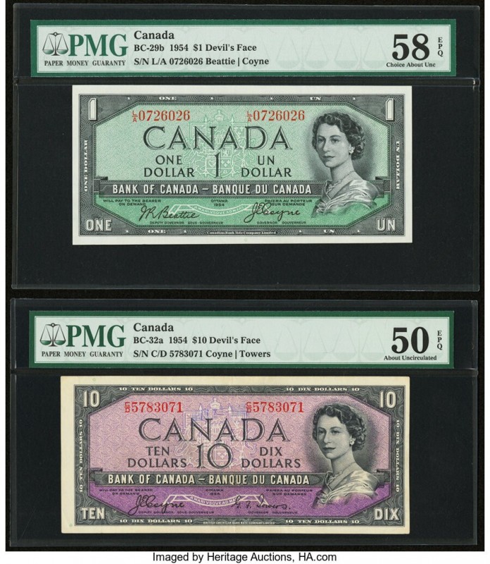 Canada Bank of Canada $1; 10 1954 BC-29b; BC-32a "Devil's Face" Two Examples PMG...