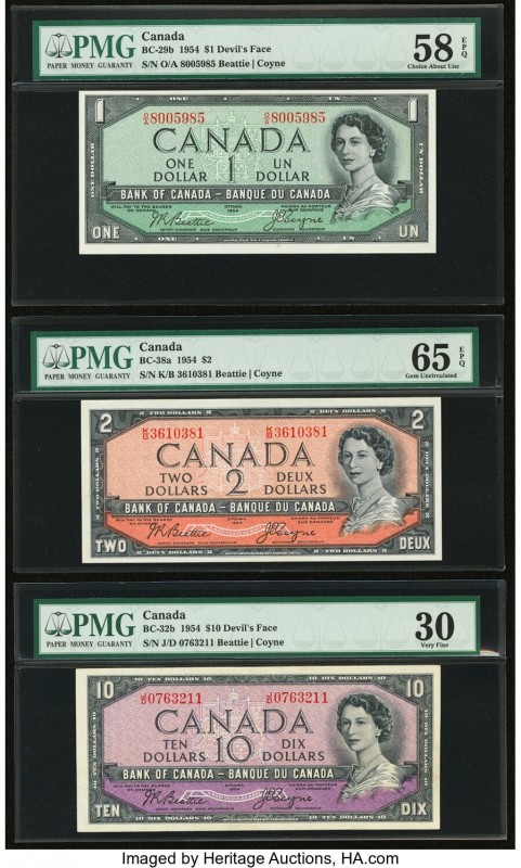 Canada Bank of Canada $1; 2; 10 1954 BC-29b; BC-38a; BC-32b Three Examples Inclu...