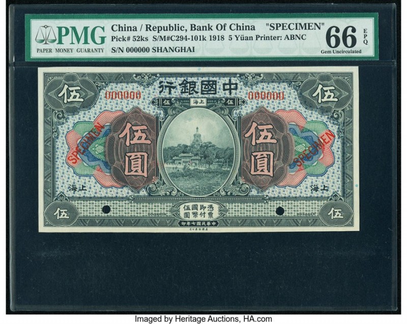 China Bank of China, Shanghai 5 Yuan 9.1918 Pick 52ks S/M#C294-101k Specimen PMG...
