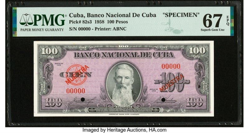 Cuba Banco Nacional de Cuba 100 Pesos 1958 Pick 82s3 Specimen PMG Superb Gem Unc...