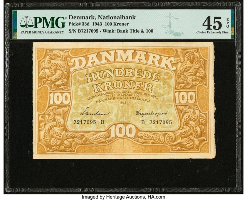 Denmark National Bank 100 Kroner 1943 Pick 33d PMG Choice Extremely Fine 45 EPQ....