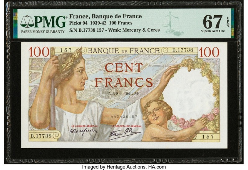 France Banque de France 100 Francs 9.1.1941 Pick 94 PMG Superb Gem Unc 67 EPQ. 
...