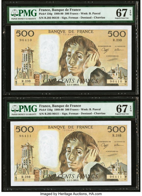 France Banque de France 500 Francs 1988-90 Pick 156g Two Consecutive Examples PM...