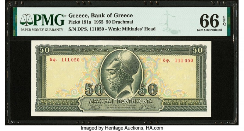 Greece Bank of Greece 50 Drachmai 1955 Pick 191a PMG Gem Uncirculated 66 EPQ. 

...