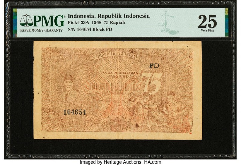 Indonesia Republik Indonesia 75 Rupiah 1948 Pick 33A PMG Very Fine 25. 

HID0980...