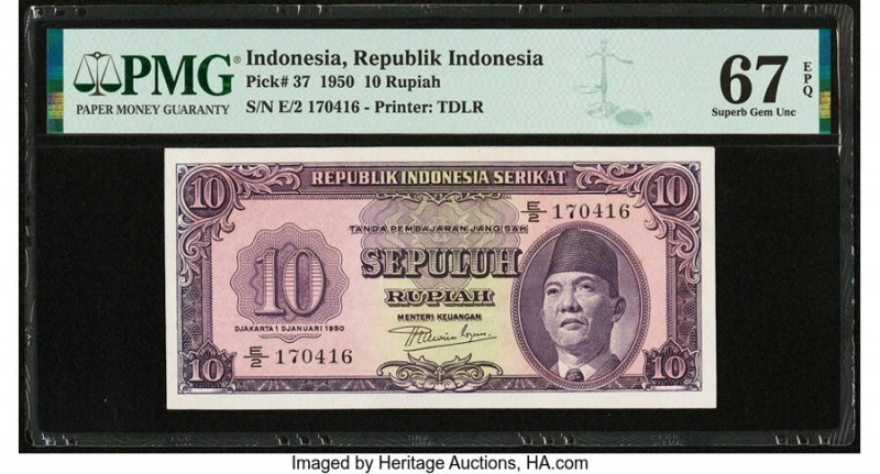 Indonesia Republik Indonesia 10 Rupiah 1.1.1950 Pick 37 PMG Superb Gem Unc 67 EP...