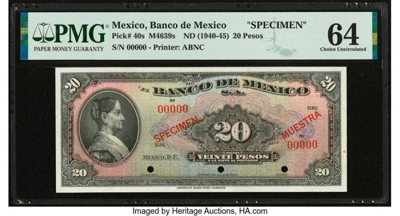 Mexico Banco de Mexico 20 Pesos ND (1940-43) Pick 40s M4639s Specimen PMG Choice...