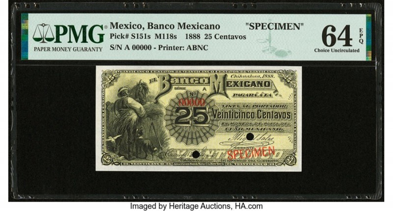 Mexico Banco Mexicano 25 Centavos 1888 Pick S151s M118s Specimen PMG Choice Unci...