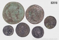 Römische Kaiserzeit, Konv. 6 Bronzemünzen, darunter Nero As, Traian Sesterz und Probus Antoninian, gemischter Zustand, bitte besichtigen.