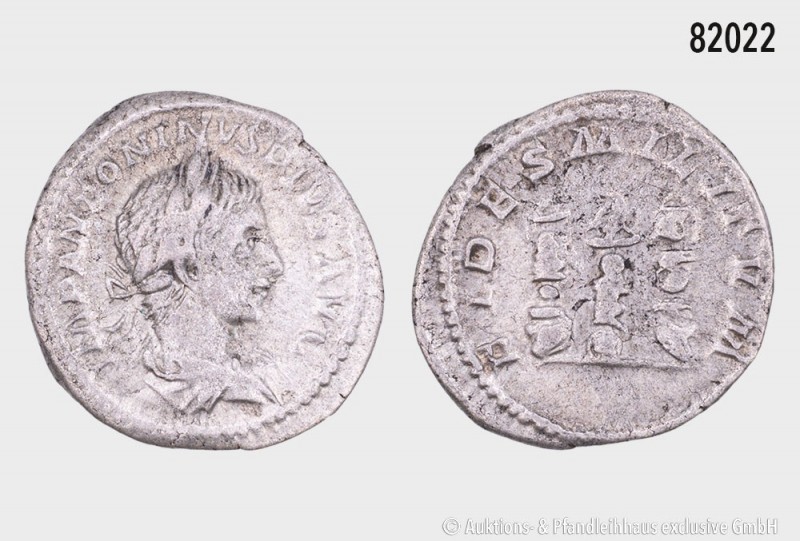 Römische Kaiserzeit, Elagabal (218-222), Denar, Rom. Rs. Fides Militum, Standart...