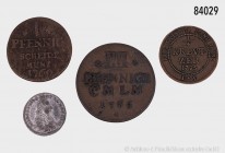 Mainz, Erzbistum. Konv. 4 Kleinmünzen: IIII Pfennig 1766 (Schön C54), 1 Pfennig 1769, 1/4 Kreuzer 1795 (Schön 73) und 1 Kreuzer 1795 (Schön 75). Sehr ...