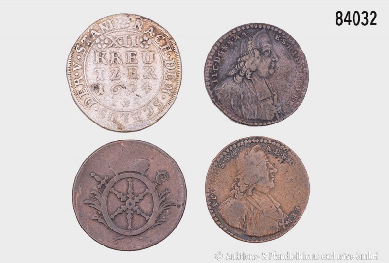 Mainz, Erzbistum, Konv. 4 Kleinmünzen: 12 Kreuzer 1694 (Slg. Walther 436), 3 Pfe...