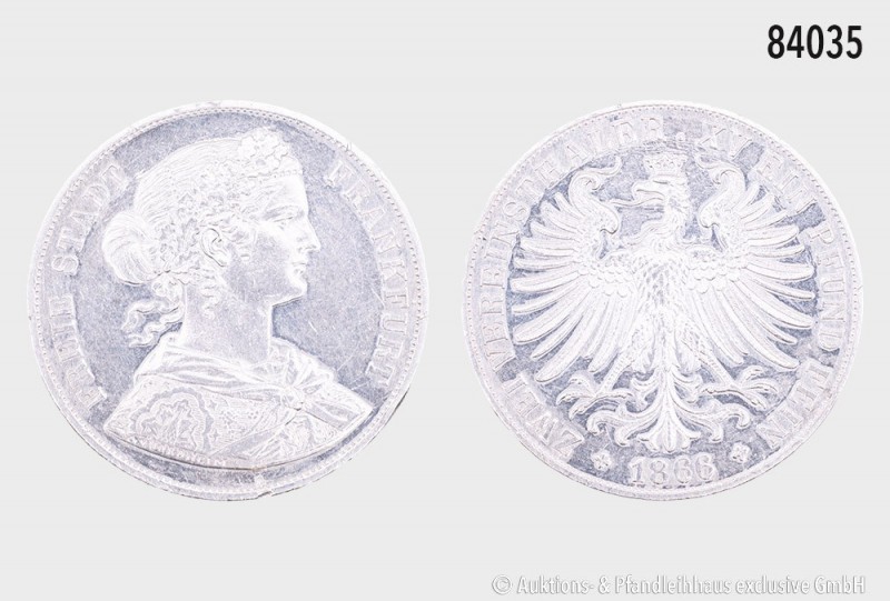 Frankfurt am Main, Doppeltaler 1866. 37,00 g; 41 mm. AKS 4; Jaeger 43. Kleine Ra...