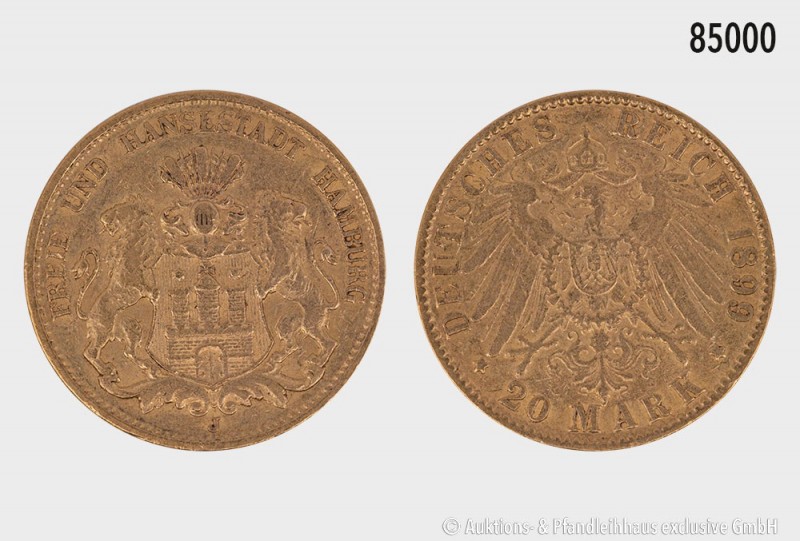Hamburg, 20 Mark 1899 J. 900er Gold. 7,96 g; 22,5 mm. AKS 38; Jaeger 212. Sehr s...