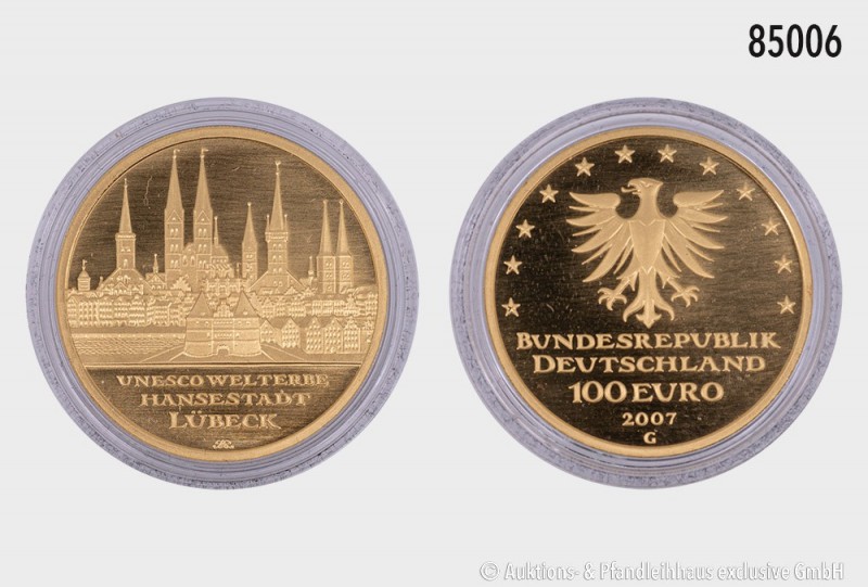 BRD, 100 Euro 2007 G, UNESCO Weltkulturerbe Hansestadt Lübeck. 999,9er Gold (1/2...