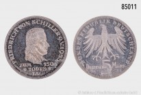 Bundesrepublik Deutschland, 5 DM 1955 F, anlässlich des 150. Todestages von Friedrich Schiller. 11,17 g; 29 mm. AKS 211; Jaeger 389. Feine Patina, Ste...