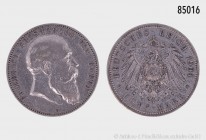 Baden, Friedrich (1856-1907), 5 Mark 1904 G, 900er Silber. 27,68 g; 38 mm. AKS 152; Jaeger 33. Kleine Kratzer, sehr schön/fast vorzüglich.