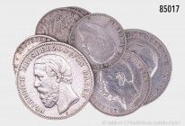 Baden, Konv. von 7 verschiedenen Silbermünzen (900er Silber), dabei 5 Mark 1876 und 1913, 3 Mark 1911, 2 Mark 1876, 1892, 1903 und 1906. Insgesamt übe...