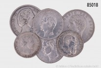 Bayern, Konv. von 6 verschiedenen Silbermünzen (900er Silber), dabei 5 Mark 1876 und 1903, 3 Mark 1908 und 1911 und 2 Mark 1876 und 1911. Insgesamt ca...