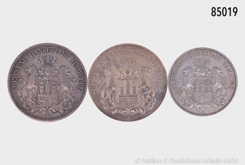 Hamburg, Konv. von 3 Silbermünzen (900er Silber): 5 Mark 1875 und 1904 und 3 Mar...