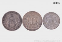 Hamburg, Konv. von 3 Silbermünzen (900er Silber): 5 Mark 1875 und 1904 und 3 Mark 1909. Sehr schön.