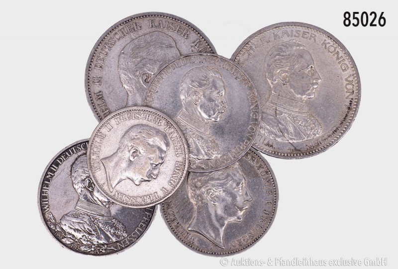 Preußen, Wilhelm II. (1888-1918), Konv. 6 Silbermünzen: 5 Mark 1903 und 1913, 3 ...