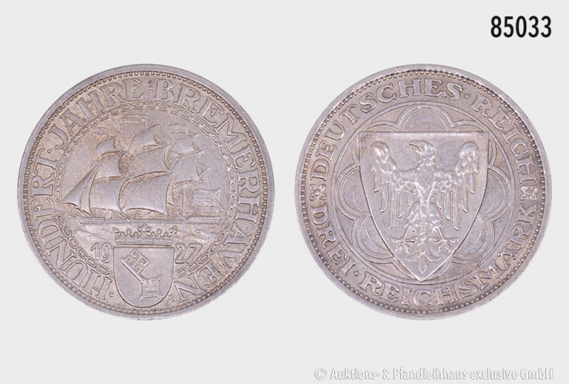 Weimarer Republik, 3 Reichsmark 1927 A, 100 Jahre Bremerhaven. 15,10 g; 30 mm. A...