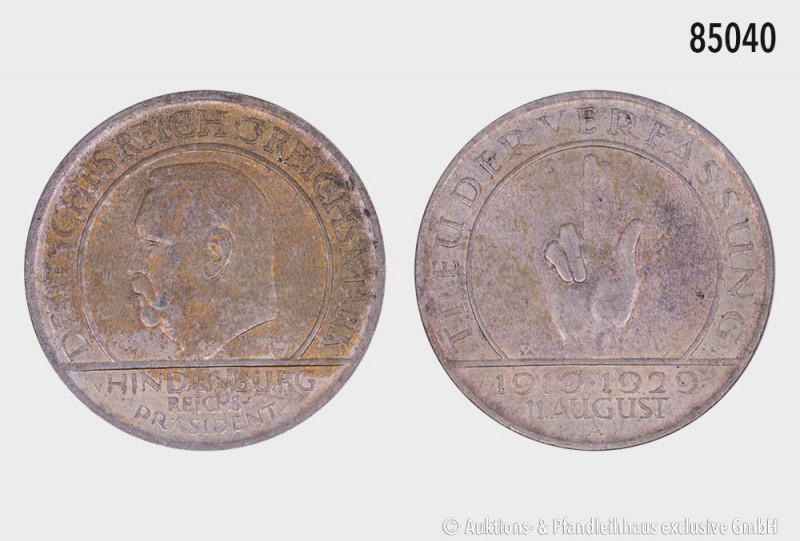 Weimarer Republik, 3 Reichsmark 1929 A, 10 Jahre Reichsverfassung (Schwurhand, H...