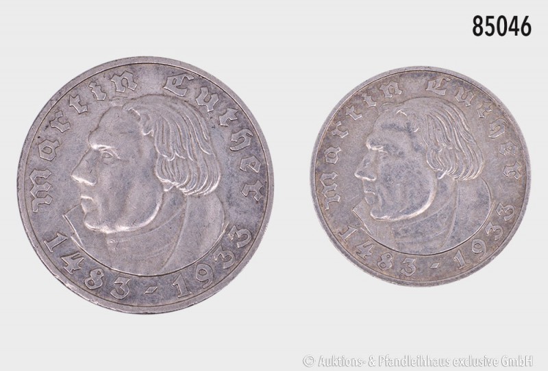 Drittes Reich, Konv. 5 und 2 Reichsmark 1933 A, auf den 450. Geburtstag Martin L...