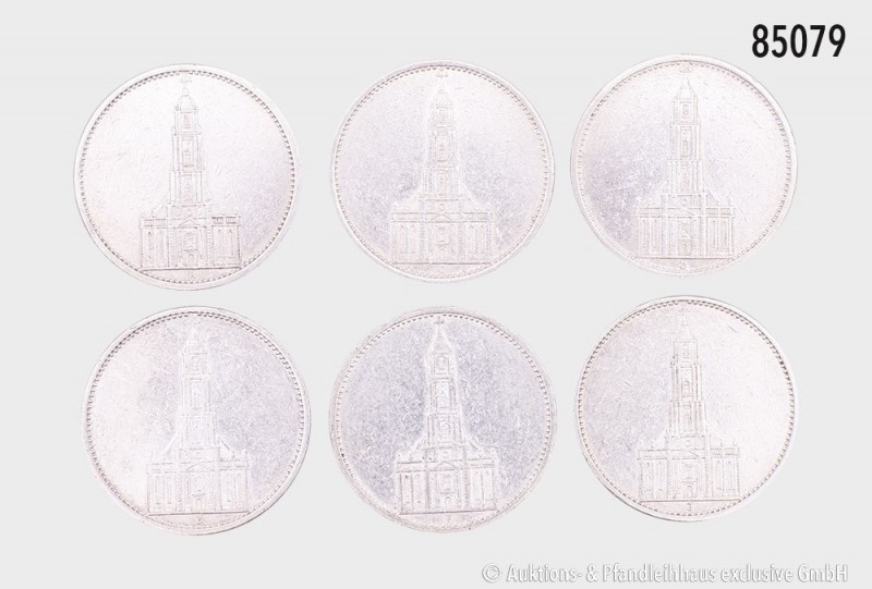 Drittes Reich, Komplettsatz 5 RM 1934, Garnisonkirche. J. 357. 900er Silber. Vor...