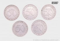 Drittes Reich, Konv. 5 x 50 Reichspfennig 1938 A und D, 1939 A, E und F. AKS 42; Jaeger 365. Vorzüglich.