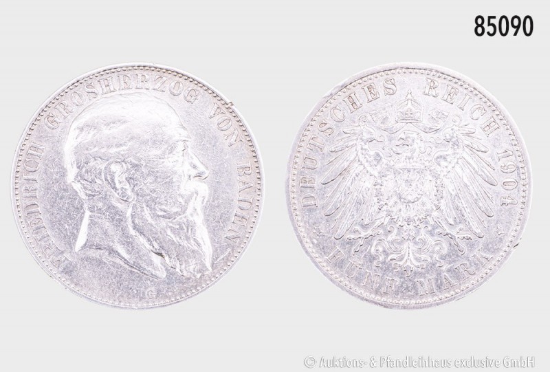 Baden, Friedrich (1856-1907), 5 Mark 1904 G, 900er Silber. 27,57 g; 38 mm. AKS 1...