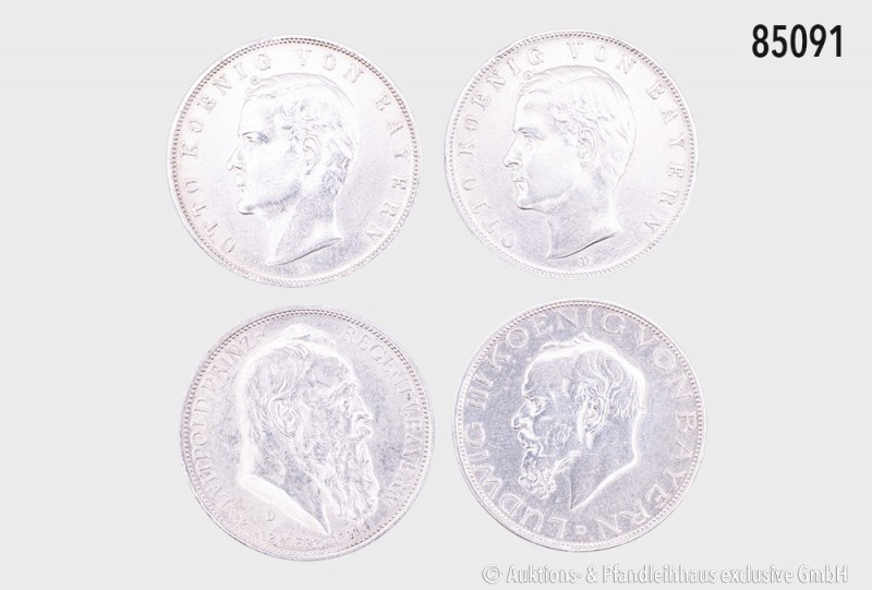 Bayern, Konv. 4 x 3 Mark: Otto (1886-1913), 3 Mark 1910 und 1913 D. AKS 202; Jae...
