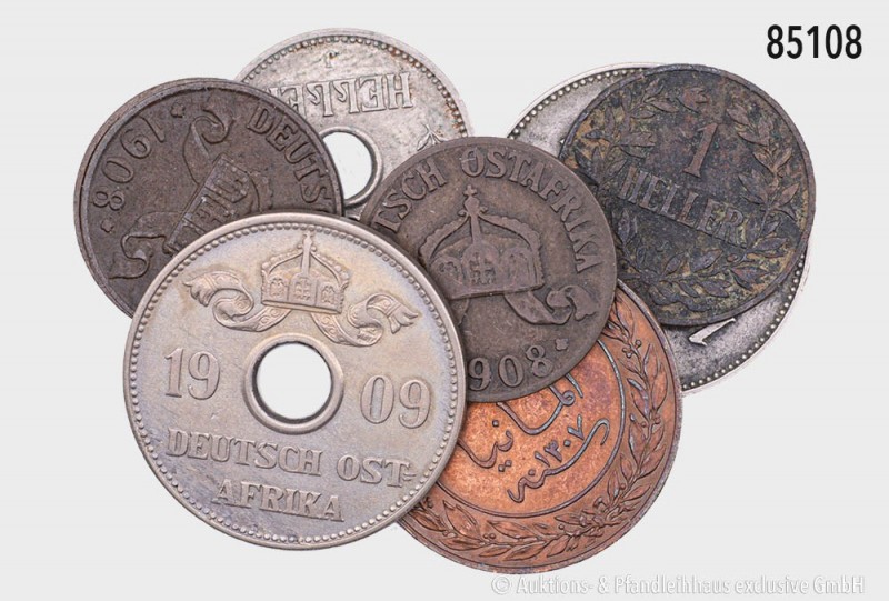 Deutsch-Ostafrika, Konv. von 8 Münzen, mit: 1 Pesa 1890 (J N710), 4 x 1 Heller 1...