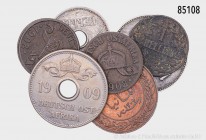 Deutsch-Ostafrika, Konv. von 8 Münzen, mit: 1 Pesa 1890 (J N710), 4 x 1 Heller 1905 A und J, 1908 J (2 x, J. N716), 5 Heller 1914 J (J. N718), 2 x 10 ...