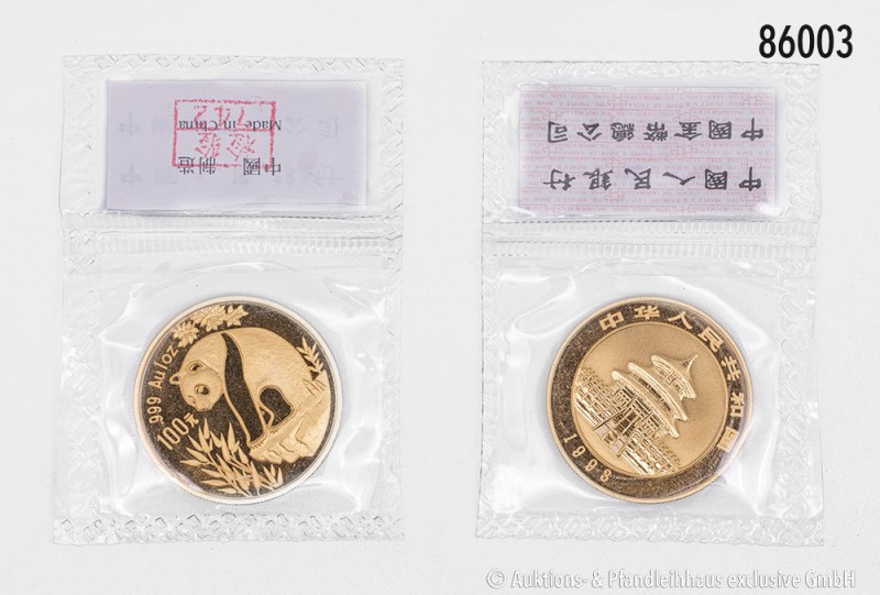 China, 100 Yuan 1993, Panda, 1 Unze Feingold (999er Gold). 31,1 g; 32 mm. Auflag...