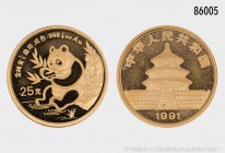 China, 25 Yuan 1991, Panda, 1/4 Unze Feingold (999er Gold). 7,78 g; 22 mm. Auflage 54.500 Exemplare. Schön 334. PP.