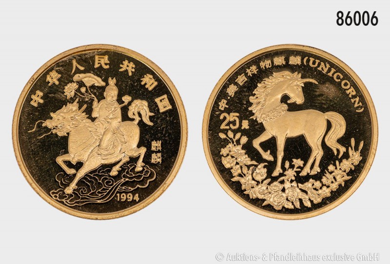 China, 25 Yuan 1994. 1/4 Unze Feingold, 999er Gold. Vs. Kind auf chinesischem Ei...